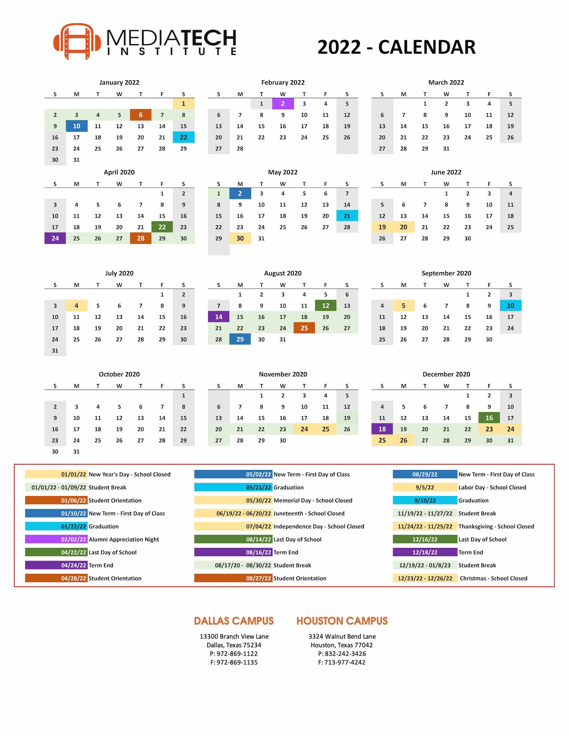 Academic Calendar Of Events - Mediatech Institute